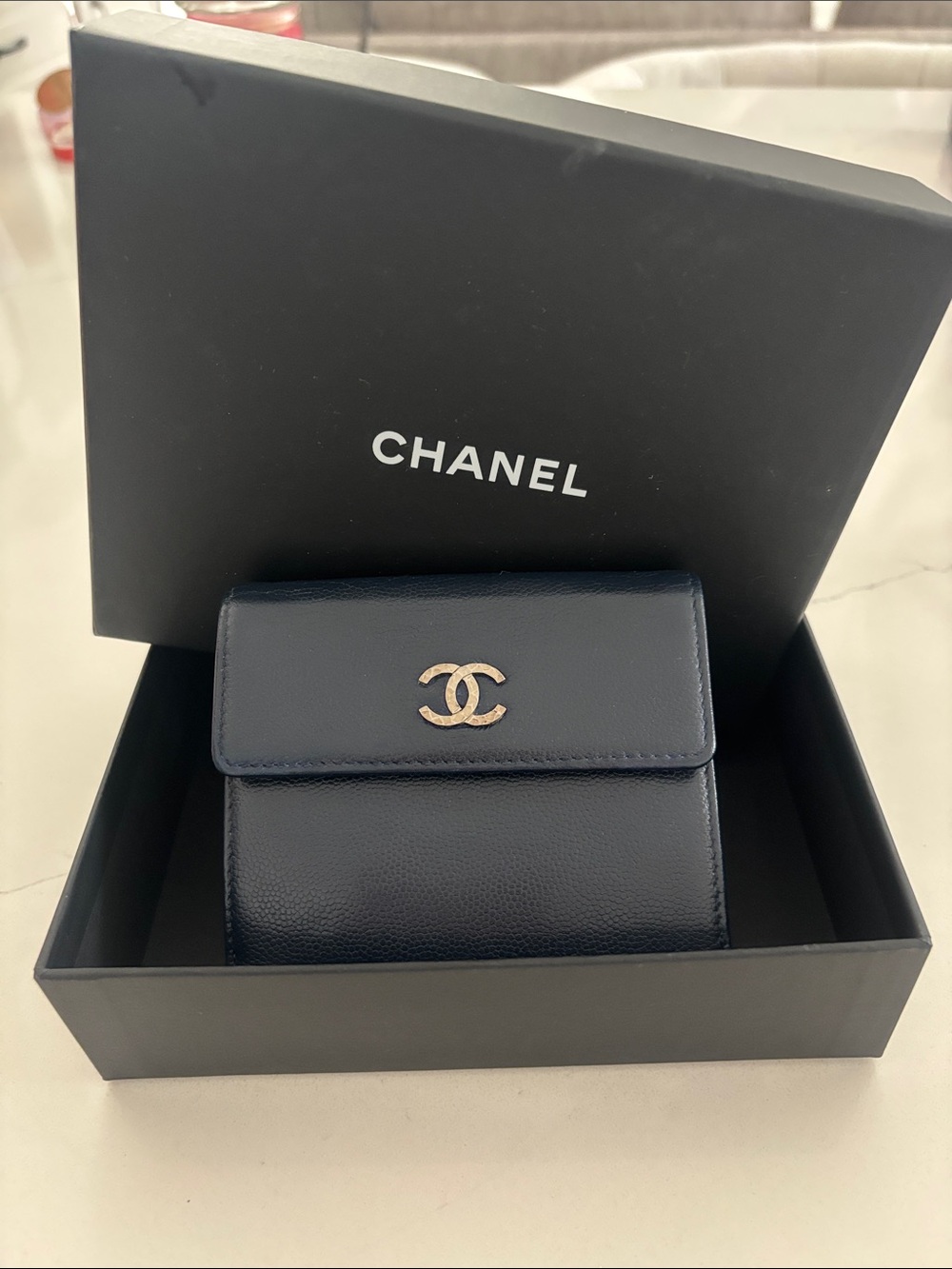 CHANEL Navy Caviar Leather Compact Wallet with COA